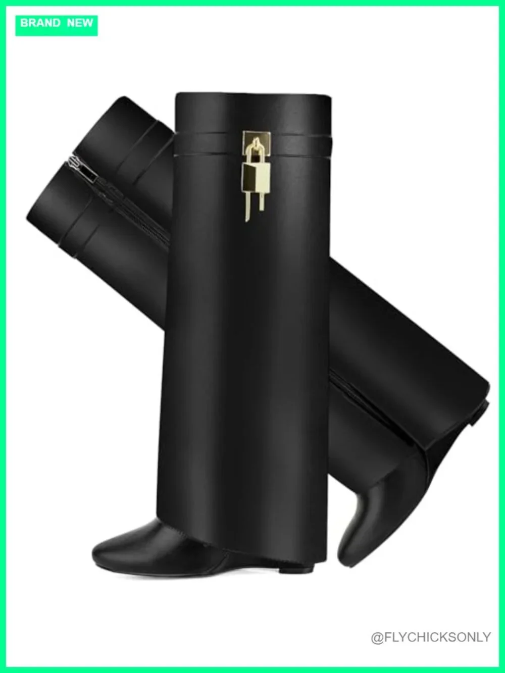 Fold Over Over-the-Knee Wedge Boots Faux Leather Side Zipper Padlock